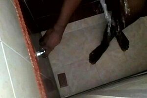 Girlfriend and friend spy on horny lesbian pussy play in bathroom shower