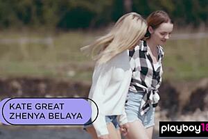 Petite Russian blondie strips her GF in the open