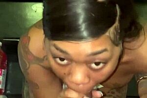 ebony babe sucks shoe plug sloppy in front of fridge