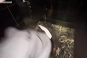 horny brunette swallows my cock in the hotel bathroom