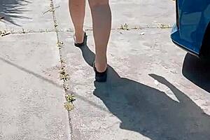 Mature wife flashing shaved big pussy close up