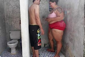 cumshot on tits after rough blowjob and bareback sex with horny neighbor