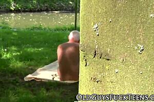 Emotional Outdoor Teen Swallows Old Man's Cock Passionately