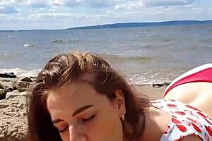 Beautiful teen 18+ gives close-up blowjob on the river