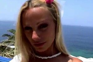 Hottest blonde milf masturbates with banana toy outdoors, natural tits bouncing