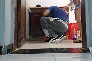 Housewife in skirt takes bareback from neighbor plumber