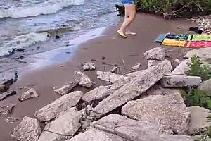 Beautiful teen 18+ gives close-up blowjob on the river