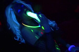 At this lesbian party, beautiful blondes lick big tits and use glowing sex toys for muff diving fun.