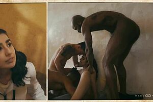 brunette rides hard in interracial double blowjob