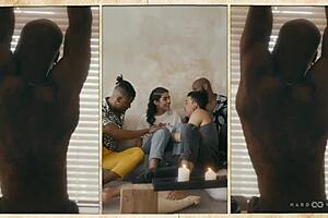 brunette rides hard in interracial double blowjob