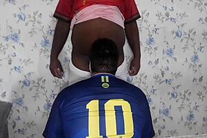 two fat lovers feel excited after football with blowjob and ass fucking