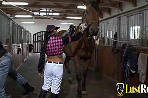 does the stable boy bang the brunette babe hard?