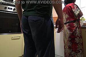 Horny stepmom tells stepson to lick her pussy in the kitchen