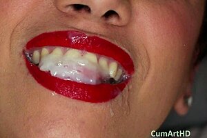 cum dripping down her sweet smile after intense pov