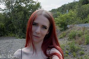 weird redhead girl blows cock and plays with piss outdoors