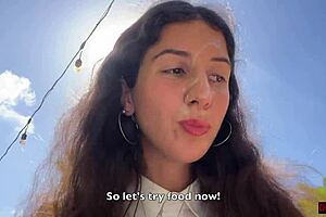 girl feels cum on her face in public cafe, eating lunch anyway.