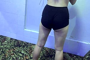 Christmas booty workout with natural wife on bed