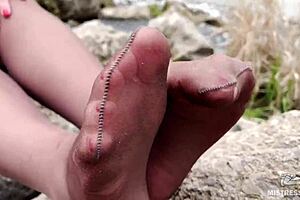 Goddess In Spring Forest Teases With Feet In Tan Pantyhose