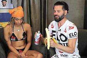 Sexy babe plays rock paper scissors and swallows cream