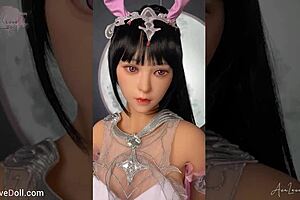 Young Asian cosplayer Shino embodies the Moon Queen in slutty Japanese SF costume with sexdoll