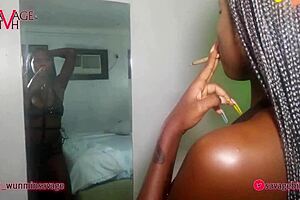 Ebony babe squirts from dual vibrators