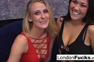 two babes give pov blowjob to london keyes, sucking his cock together