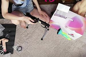 sarah sue unboxes the auxfun fuck machine from hismith and uses it on her petite body with toys