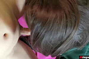 Thai student slut sucks big cock, fingers shaved pussy, fucks hard