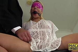 bound and blindfolded old milf experiences intense whipping and submissive masturbation