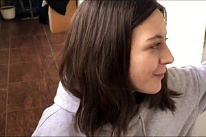 petite brunette babe watches me jerk on balcony, then sucks cock for cum in mouth