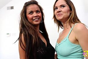 two skinny brunettes explore first lesbian sex, licking and masturbating softly