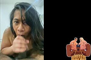 Polynesian BBW Slut Gives BBC Blowjob Behind Scenes