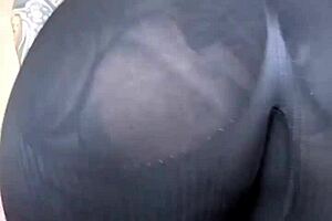 Check out this MILF's big tits through sheer leggings up close