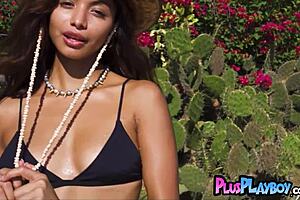 big tits asian and sexy latina milf posing after hot striptease, clothes ripped outdoors