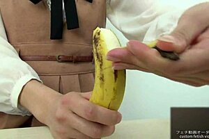 Exclamatory hand crush fetish girl crushes banana by hand in asian japanese softcore food play