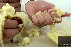 Exclamatory hand crush fetish girl crushes banana by hand in asian japanese softcore food play