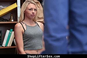 Hey, stop right there - you're caught shoplifting, teen, now face the consequences in the office. The blonde strips and rides roughly.
