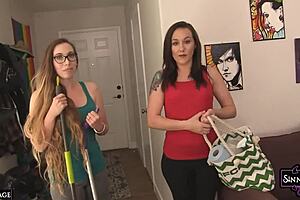 sinn sage and samantha grace tease in lingerie before ripping clothes and squeezing tits