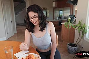 busty perv teen intensely plays with food and gets fucked hard