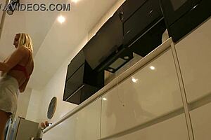 What happens when a stunning big boobs blonde housewife skips panties in her cozy kitchen at home?