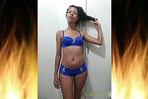 i admire the beautiful brunette in her blue lingerie trailer