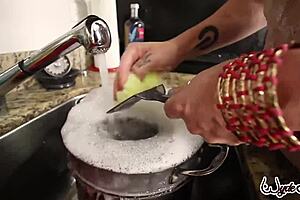 sara jay inserts dildo in kitchen