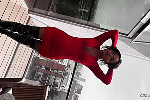 tanned latina model with old tourist on balcony