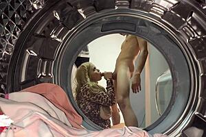 Chubby blonde fucks young guy in laundry room 😍