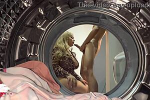 Chubby blonde fucks young guy in laundry room 😍