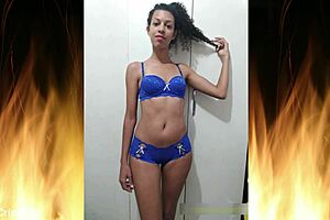 i admire the beautiful brunette in her blue lingerie trailer