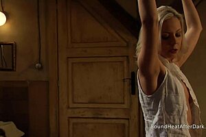 bound lady contrasts with dominant lesbian in bdsm scene