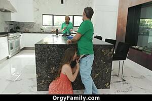 Stepdaughter secretly sucks dad's cock in kitchen