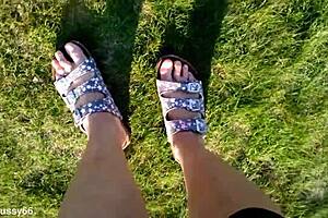 walking barefoot in slippers outdoors