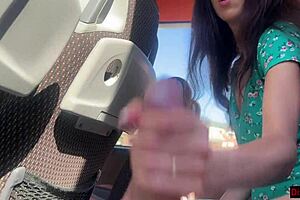 crazy guy pulls out his huge cock on a public bus but this cute girl helps him cum